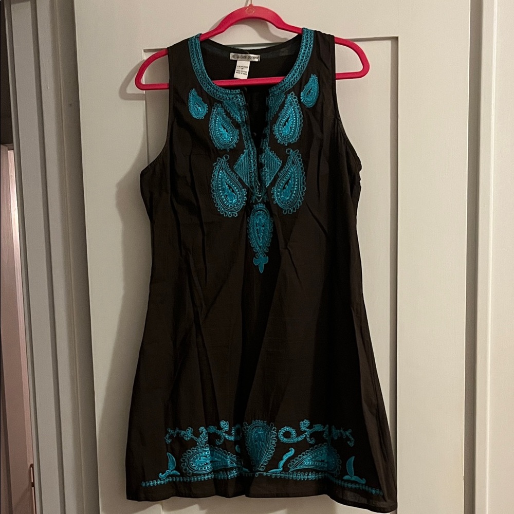 Embroidered Brown and Blue Midi Dress